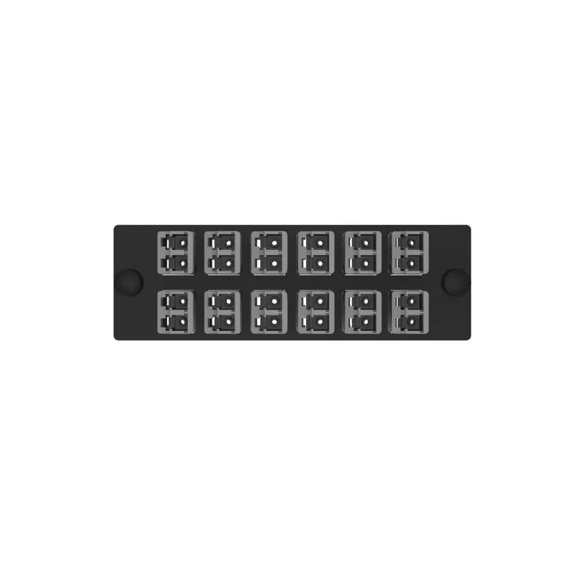 The Opticom LC fiber adapter panel is OM4 and is loaded with 12 LC duplex fiber optic adapters. The fiber optic adapters are Keyed K-Int'l Gray on the user side and Non-keyed on the service side and has zirconia split sleeves.