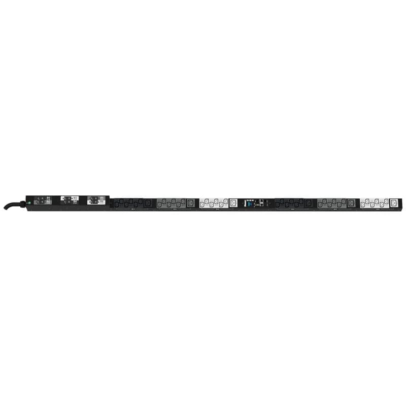 The Panduit G6 Monitored Input PDU features (36) C13 and (6) C19 outlets. It is a 30 amp, 415 V, three phase PDU with a NEMA L22-30P input plug and a 10 foot (3m) power cord. The PDU is black.