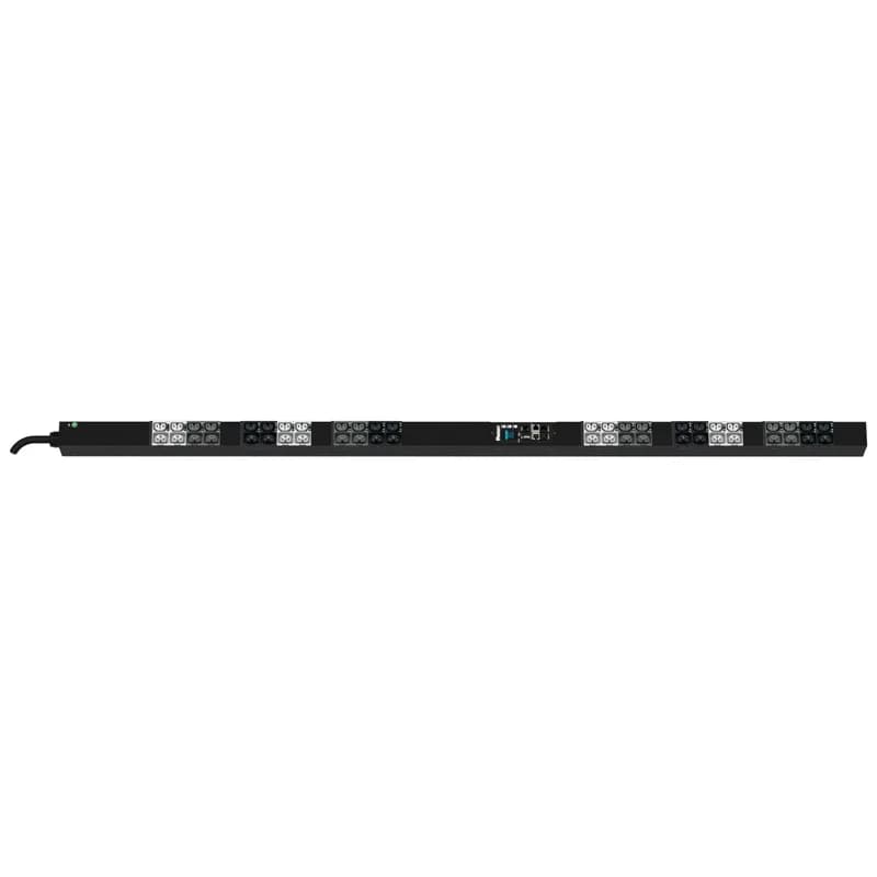 The Panduit G6 Monitored Input PDU features (24)C13/C15, (24)C13/15/C19/C21 outlets. This PDU is designed with combination outlets which allows the receptacle to be used as an C13/C15/C19 or C21 outlet. It is a Dual Rated 20/16 amp 415V three phase PDU with an IEC 60309 3P+N+E 6h 20A/16A (IP44) input plug and a 10 foot (3m) power cord. The PDU is black.