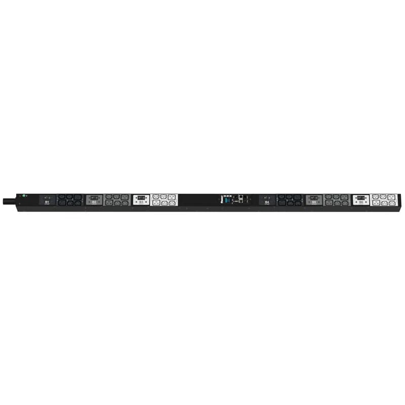 The Panduit G6 Monitored & Switched per Outlet PDU features (24) C13 and (12) C19 outlets. It is a 60 amp, 208 V, 3 phase PDU with a IEC 60309 3P+E 9h (IP44) input plug and a 10 foot (3m) power cord. The PDU is black.