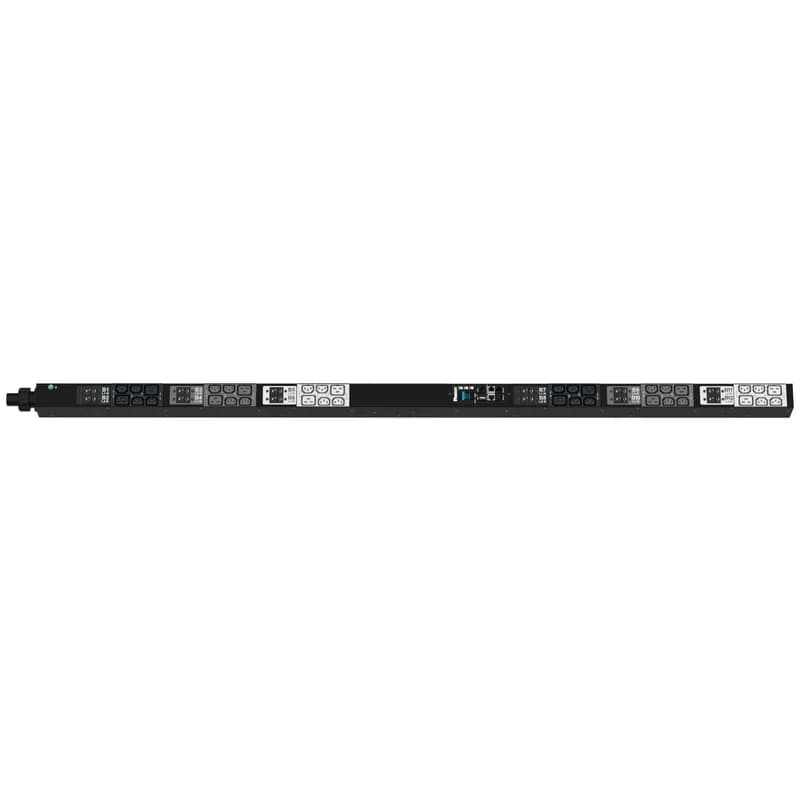 The Panduit G6 Monitored & Switched per Outlet PDU features (24) C13 and (12) C19 outlets. It is a 60A (NA), 415 V, 3 phase PDU with a IEC 60309 3P+E 6h (IP44) input plug and a 10 foot (3m) power cord. The PDU is black.