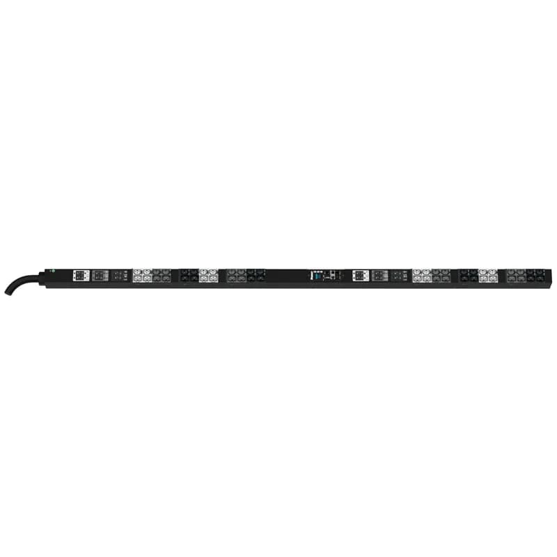 Panduit P48E25G - The Panduit G6 Monitored Switched PDU features (24)C13/C15, (24)C13/15/C19/C21 outlets. This PDU is designed with combination outlets which allows the receptacle to be used as an C13/C15/C19 or C21 outlet. It is a Dual Rated 60/63 amp 415V three phase PDU with an IEC 60309 3P+N+E 6h 60/63A (IP44) input plug and a 10 foot (3m) power cord. The PDU is black.