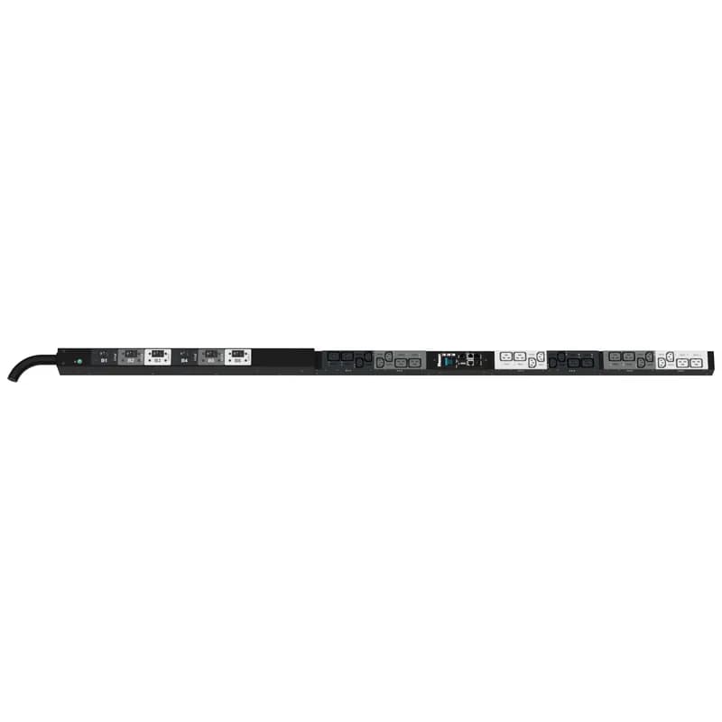 The Panduit G6 Monitored & Switched per Outlet PDU features (12) C13 and (12) C19 outlets. It is a 60 amp, 208 V, three phase PDU with an IEC 60309 3P+E 9h 60A (IP44) input plug and a 10 foot (3m) power cord. The PDU is black.