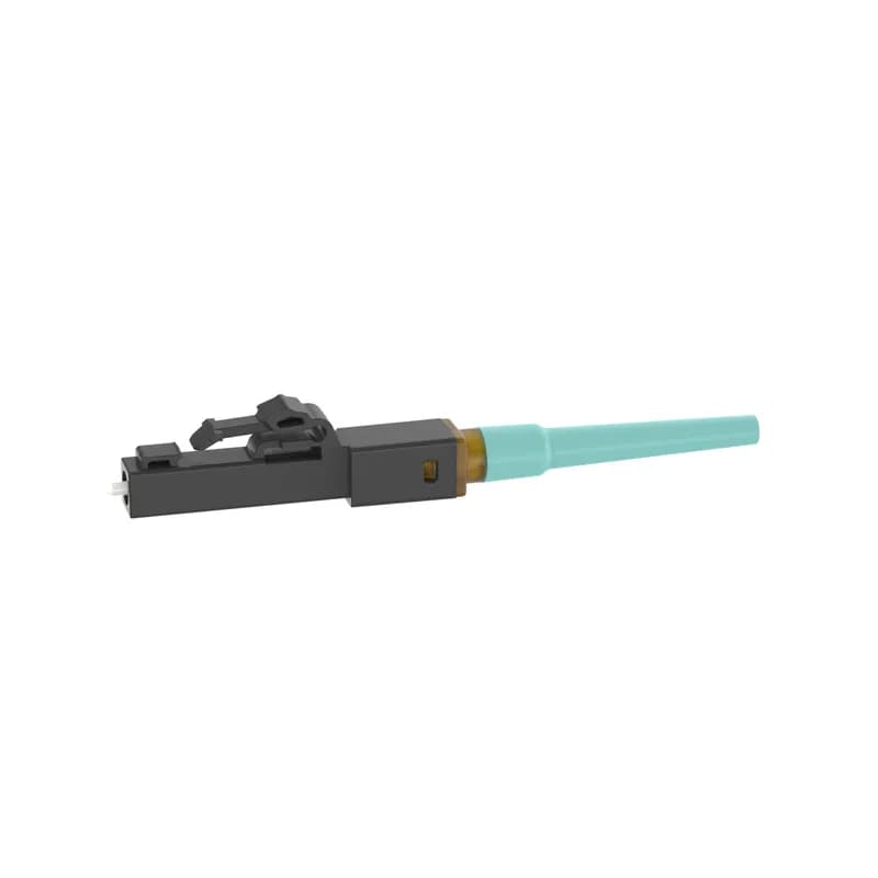 The OmniSplice LC-PC Fiber Optic Connector is a multimode 50/125?m OM3/OM4 simplex fiber connector. Termination can be done in about two minutes on several common splice machine brands. The connector consists of a ferrule assembly with a bare fiber stub, a black front housing, a rear housing with integral aqua boot, and a splice protection sleeve.