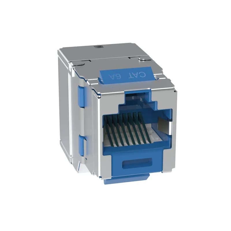Panduit SKJ6X88BU - The Shielded Keystone Jack Module provides an industry standard keystone jack footprint for ANSI/TIA-568.2-E performance. The jack module is intended for termination onto 22-26AWG solid or stranded Category 6 cable in either T568A or T568B wiring using the industry standard punchdown tool. The jacks are 100% tested for component performance, and individually serialized for quality traceability. The jack is blue with a metal shielding wrap.