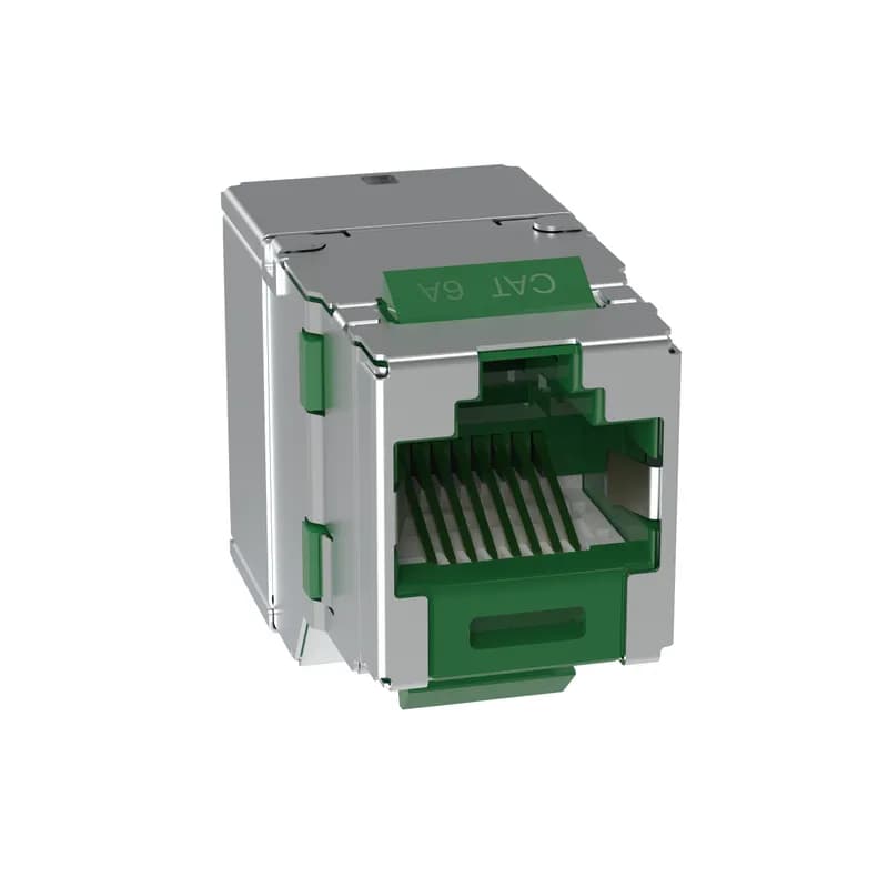 Panduit SKJ6X88GR - The Shielded Keystone Jack Module provides an industry standard keystone jack footprint for ANSI/TIA-568.2-E performance. The jack module is intended for termination onto 22-26AWG solid or stranded Category 6 cable in either T568A or T568B wiring using the industry standard punchdown tool. The jacks are 100% tested for component performance, and individually serialized for quality traceability. The jack is green with a metal shielding wrap.
