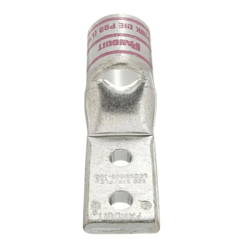 Panduit LCDXN500-12-6 - Two-hole, flex lug, standard barrel with window, narrow tongue, 500 kcmil cable, 3/8 stud hole, 1 hole spacing.