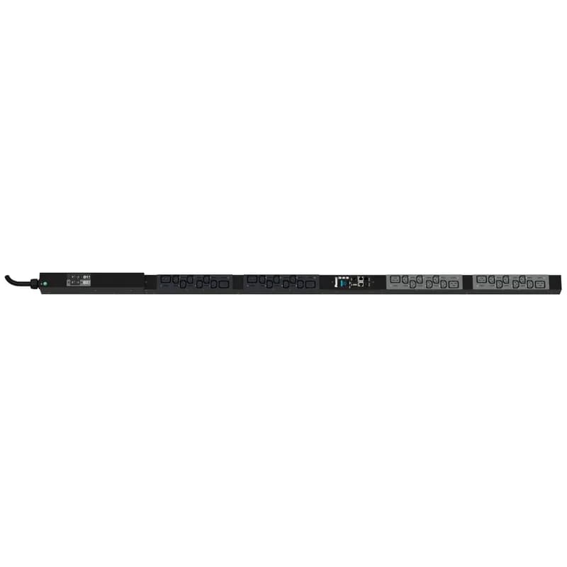 The Panduit™ G6 Monitored Per Outlet PDU features (24) C13 and (8) C19 outlets. It is a 32 amp, 230 V, single phase PDU with an IEC 60309 2P+E 6h 32A (IP44) input plug and a 10 foot (3m) power cord. The PDU is black.