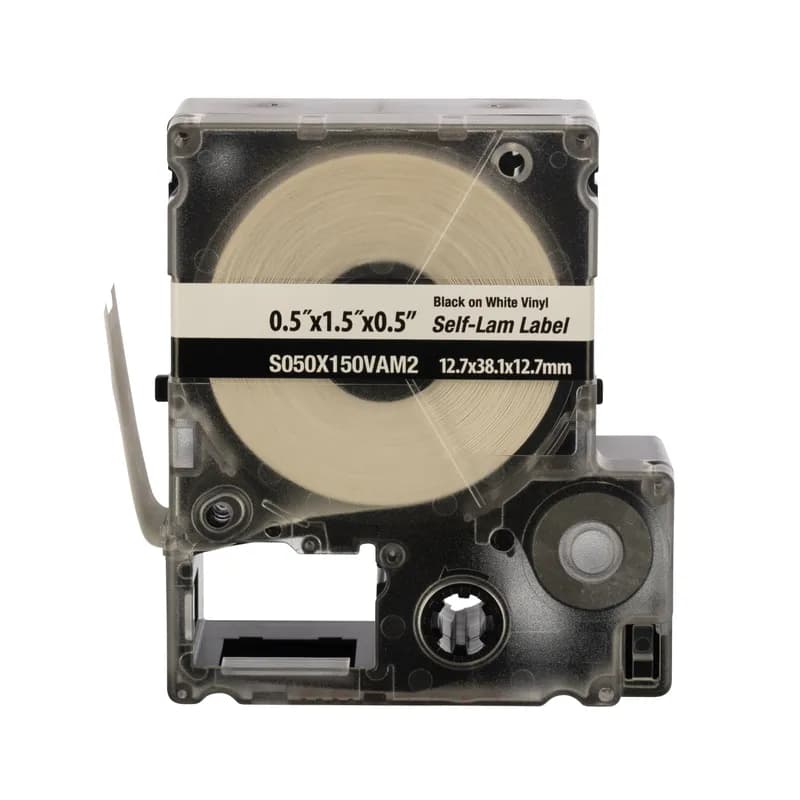 Panduit S050X150VAM2 - The PXE™ Die-Cut Self-Laminating Label Cassette includes both label material and ribbon for easy changeover. Self-laminating vinyl adhesive labels for wire/cable identification include a white print-on area and a clear overlaminate. For use with the MP500 and MP550 printers. 0.50" x 1.50" (12.7 mm x 38.1 mm) with 0.50" (12.7mm) print-on area. 175 labels per cassette.