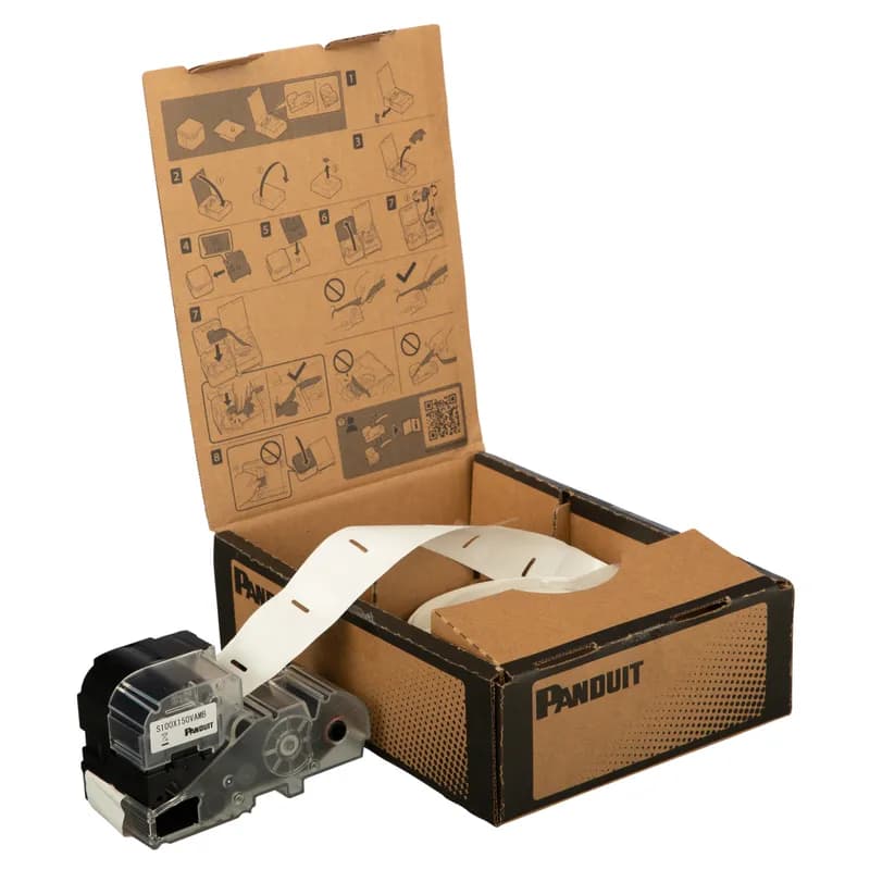 Panduit S100X150VAMB - The PXE™ Die-Cut Self-Laminating Label Bulk Cassette includes both label material and ribbon for easy changeover. Self-laminating vinyl adhesive labels for wire/cable identification include a white print-on area and a clear overlaminate. For use with the MP500 and MP550 printers. 1.00" x 1.50" (25.4 mm x 38.1 mm) with 0.50" (12.7 mm) print-on area. 1000 labels per cassette.