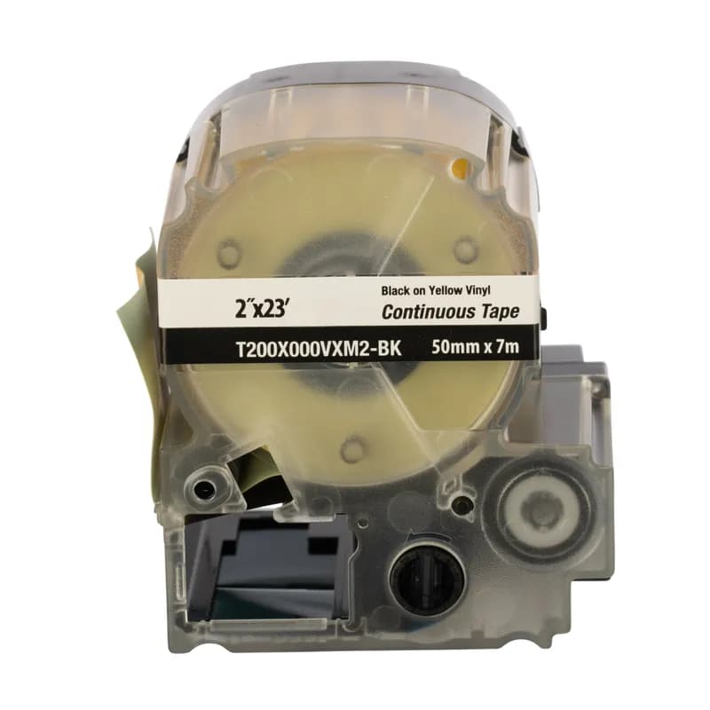 Panduit T200X000VXM2-BK - PXE™ Continuous Tape Bulk, Vinyl, 1.97 Inch Wide x 23 Feet Long (50.0mm x 7.0m), Black on Yellow, includes both label material and ribbon for easy changeover. Print custom pipe markers, voltage markers, signs, bin markers, and network identification labels on demand. For flat label applications only.