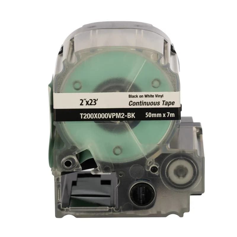 Panduit T200X000VPM2-BK - PXE™ Continuous Tape Bulk, Vinyl, 1.97 Inch Wide x 23 Feet Long (50.0mm x 7.0m), Black on White, includes both label material and ribbon for easy changeover. Print custom pipe markers, voltage markers, signs, bin markers, and network identification labels on demand. For flat label applications only.