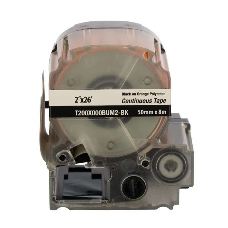 Panduit T200X000BUM2-BK - PXE™ Continuous Tape Bulk, Polyester, 1.97 Inch Wide x 26 Feet Long (50.0mm x 8m), Black on Orange, includes both label material and ribbon for easy changeover. Print custom pipe markers, voltage markers, signs, bin markers, and network identification labels on demand. For flat label applications only.