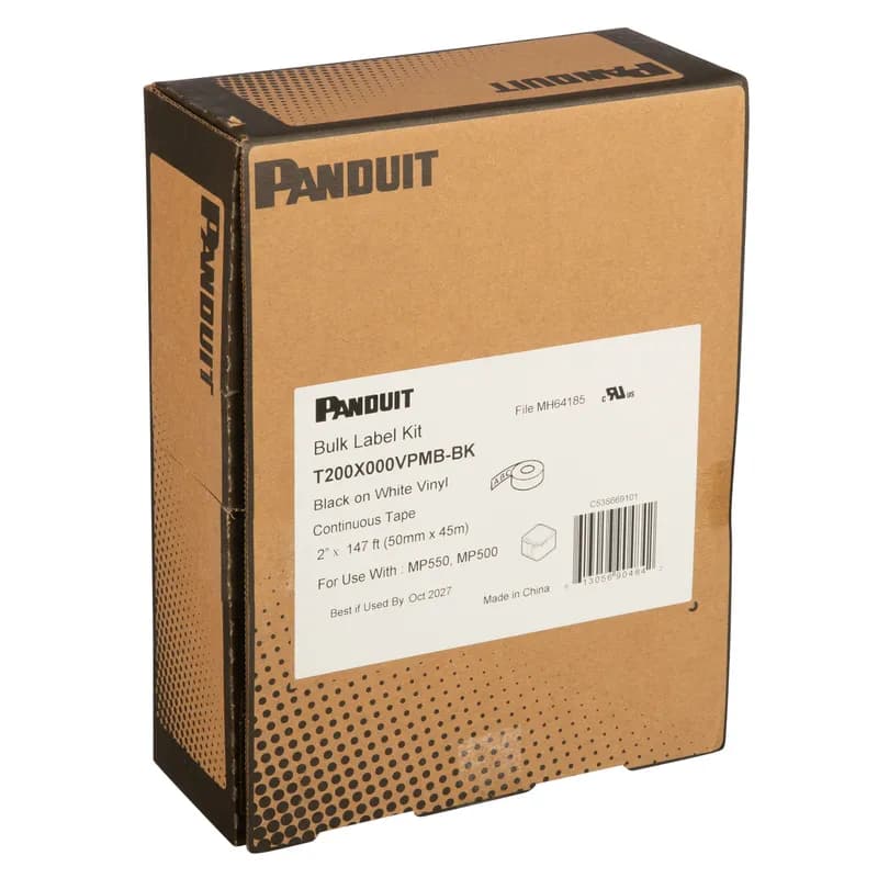 Panduit T200X000VPMB-BK - PXE™ Continuous Tape Bulk, Vinyl, 1.97 Inch Wide x 147 Feet Long (50.0mm x 45m), Black on White, includes both label material and ribbon for easy changeover. Print custom pipe markers, voltage markers, signs, bin markers, and network identification labels on demand. For flat label applications only.