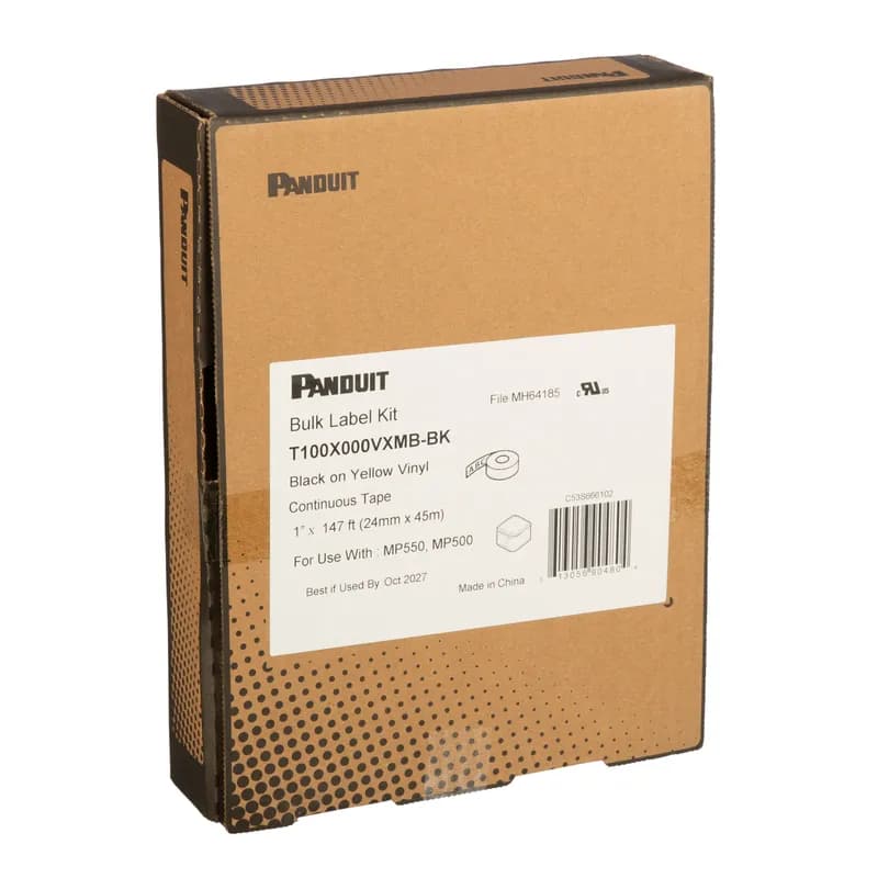 Panduit T100X000VXMB-BK - PXE™ Continuous Tape Bulk, Vinyl, 0.945 Inch Wide x 23 Feet Long (24.0mm x 7.0m), Black on Yellow, includes both label material and ribbon for easy changeover. Print custom pipe markers, voltage markers, signs, bin markers, and network identification labels on demand. For flat label applications only.