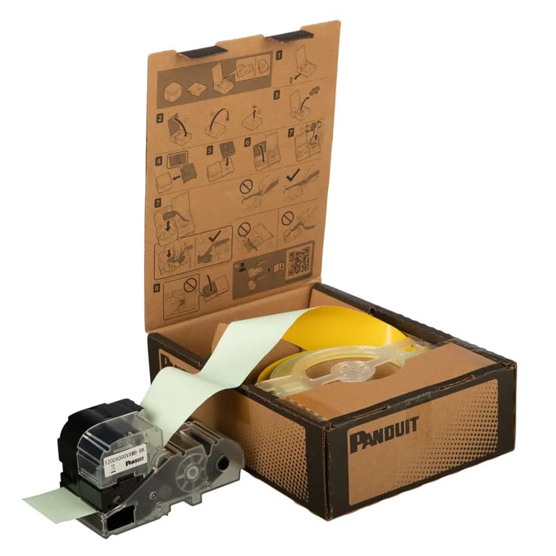 Panduit T200X000VXMB-BK - PXE™ Continuous Tape Bulk, Vinyl, 1.97 Inch Wide x 147 Feet Long (50.0mm x 45m), Black on Yellow, includes both label material and ribbon for easy changeover. Print custom pipe markers, voltage markers, signs, bin markers, and network identification labels on demand. For flat label applications only.