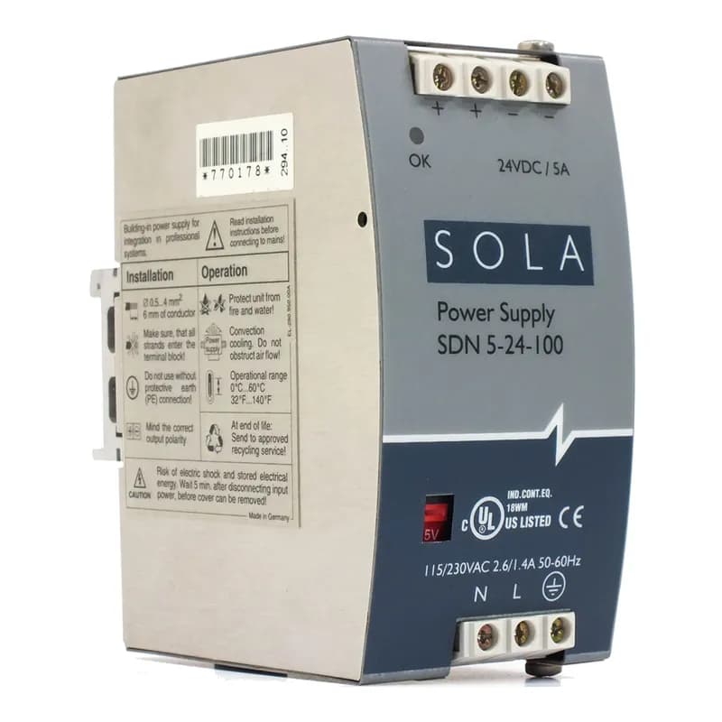 SDN-P Series DIN Rail Power Supply, Nominal Output Current: 5 A (120 W), Nominal Voltage Input: 115/230 Vac, Nominal Voltage Output: 24 Vdc, Frequency 47-63 Hz, Single Phase