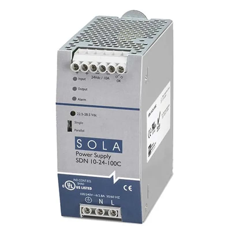 SolaHD SDN10-24-100C - SDN-C Series Compact DIN Rail Power Supply, Nominal Output Current: 10 A (240 W), Nominal Voltage Input: 115/230 Vac, Nominal Voltage Output: 24 V, Frequency 43-67 Hz, Single Phase