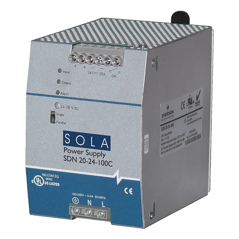SDN-C Series Compact DIN Rail Power Supply, Nominal Output Current: 20 A (480 W), Nominal Voltage Input: 115/230 Vac, Nominal Voltage Output: 24 V, Frequency 43-67 Hz, Single Phase