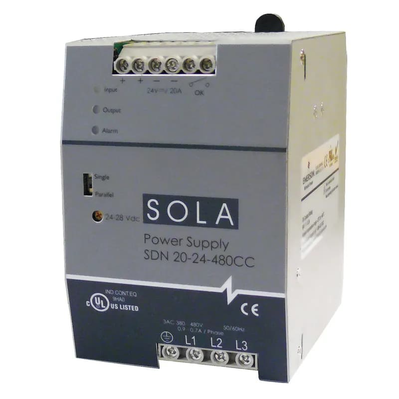 SDN-C Series Compact DIN Rail Power Supply, Nominal Output Current: 20 A (480 W) Nominal Voltage Input: 380/480 Vac, Nominal Voltage Output: 24 V, Frequency 50/60 Hz, Three Phase