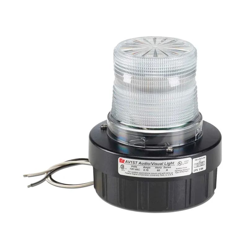 Strobe Combination Audible/Visual Signal, 24VDC, Clear - Available in 24VDC and 120VAC. Surface mount, integrated 1/2-inch NPT pipe mount and 4-inch electrical box mount. Five lens colors: Amber, Blue, Clear, Green and Red. Twist-off lens for easy access. Internal buzzer produces 85 dBA at 10 feet (95 dBA at 1m). Conformal coated PCB. Type 3R enclosure. CSA Certified. UL and cUL Listed.