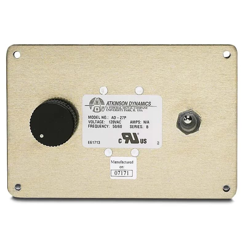 Federal Signal AD-27P - Atkinson Dynamics Panel Mount Intercom, 120VAC - Heavy duty tamper resistant intercom. Single channel, two-way communications. Integrated volume control and Talk/Listen switch. Requires matching Atkinson Dynamics speaker (Model AD-SF-25, AD-SS-25 or AD-SO-25). Available in 12VDC, 24VDC and 120VAC 50/60Hz. UL and cUL Listed.