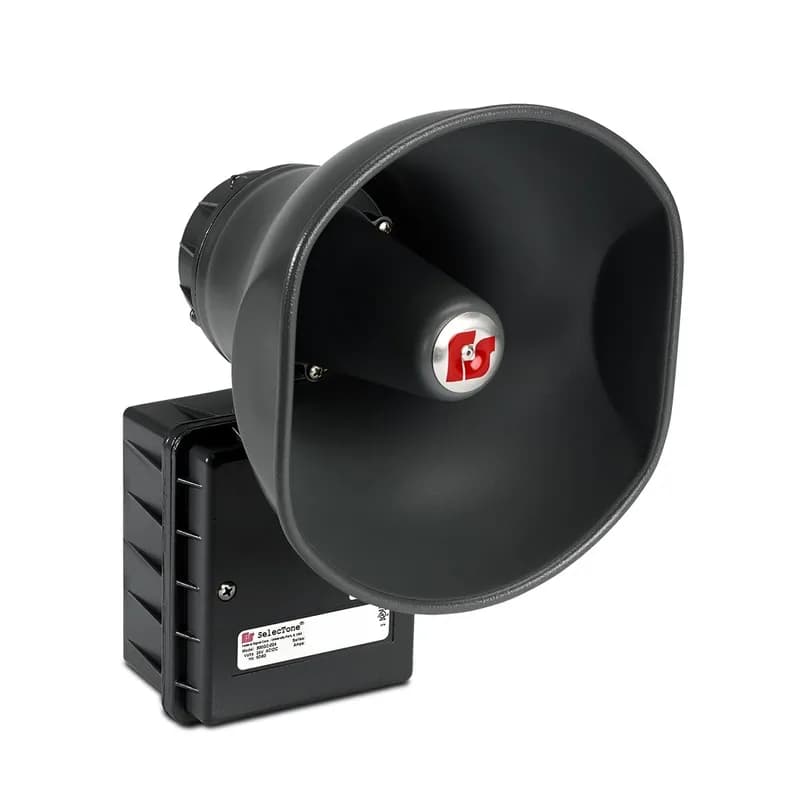 Federal Signal 300GC-024-B - Selectone 15 Watt Amplified Speaker, 24VAC/DC, Black - Available in 24VAC/DC, 120VAC and 240VAC. Built-in gain control, adjustable between 0 dBa to 110 dBa at 10 feet (0 dBa to 120 dBa at 1 meter). Cast copper free aluminum housing, spun aluminum projector. Indoor or outdoor use. Type 3R, IP54 enclosure. Digital signal amplification. Fused input and output. CSFM Approved. UL and cUL Listed.
