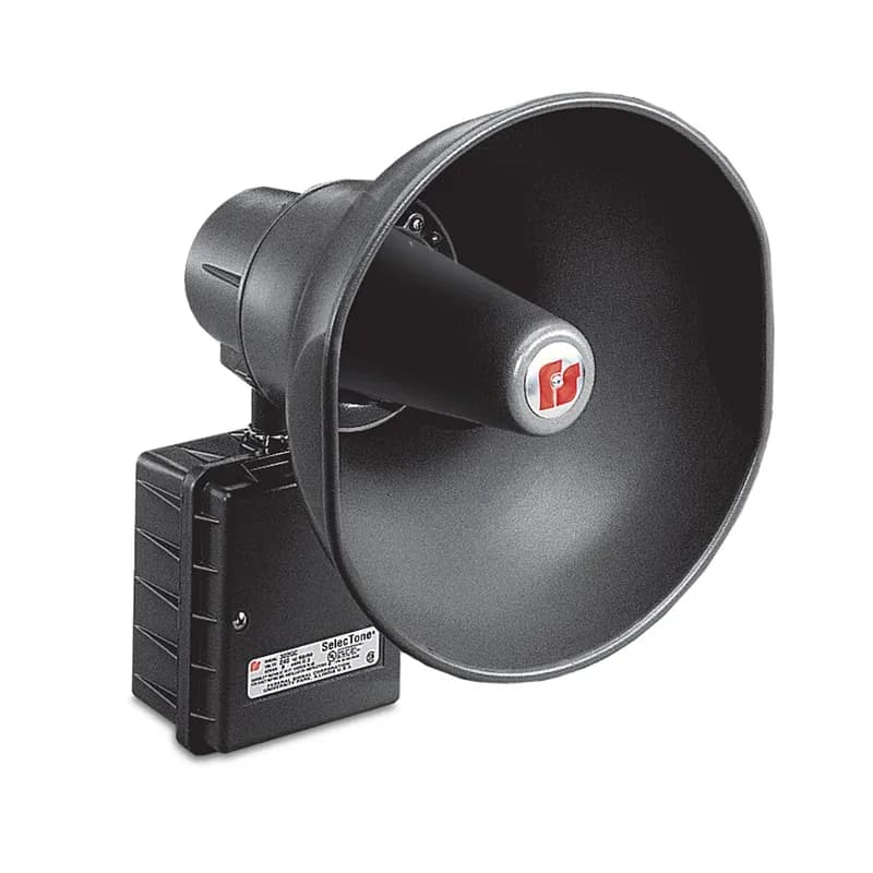 Federal Signal 302GCX-120-B - SelecTone 30 Watt Amplified Speaker, Hazardous Location, 120VAC, Black - Available in 24VAC/DC, 120VAC and 240VAC. Reliable solid-state circuitry. Digital signal amplification. Fused input and output. Built-in gain control, adjustable between 0 dBa to 114dBa at 10 feet (0 dBa to 124 dBa at 1 meter). Type 4X, IP66 enclosure. IP69K compliant. External mounting tabs. Indoor/outdoor use. CSFM Approved. UL and cUL Listed for Class I, Division 2, Groups A, B, C and D & Class II, Division 2, Groups F and G & Class III.
