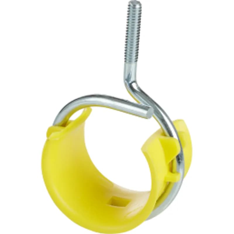 Bridle ring with an included plastic saddle piece for supporting low-voltage (datacom) cable. It is made of steel with a zinc plated finish and silver color. The sheet lists a 1/4"-20 thread impression, 50 load, and fill capacity of 18 CAT5/CAT6 cables.