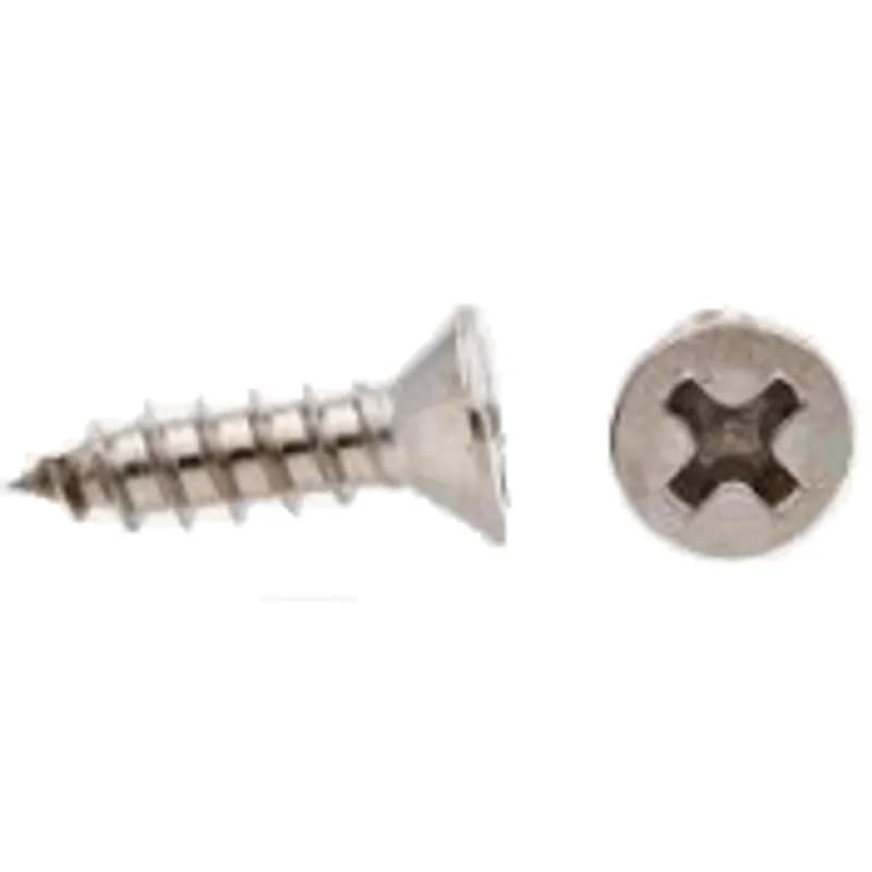 This is a 10 x 1 inch self-tapping sheet metal screw with a flat head and Phillips drive. It is made of steel and has a zinc plated finish. The screw has a #2 driver size, a 0.35 inch head diameter, and a 0.116 inch head height.