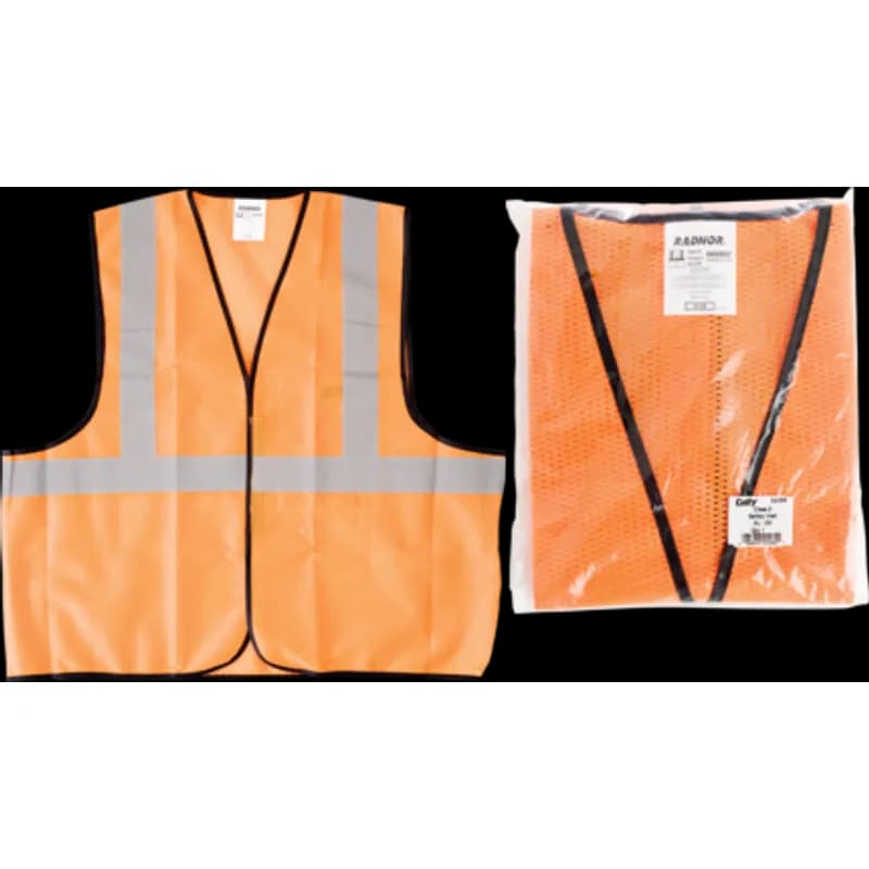 Minerallac Company 32068 - A Class 2 safety vest for construction sites, parking and warehouse applications, or sidewalk maintenance. It is made of mesh material in dayglow orange with black cotton binding and elastic side straps with a hook-and-loop front closure. The vest is dual sized 2X/3X and includes 2" silver reflective tape and one inner left pocket.