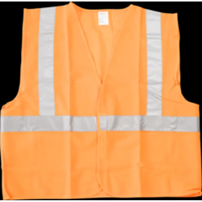 Minerallac Company 32067 - Class 2 economy mesh safety vest for workers needing greater visibility in inclement weather or complex backgrounds. It is made of 100% ANSI polyester mesh with dayglow orange color and 2" silver reflective tape. The vest has a zipper closure, dual sizing, black cotton binding with elastic side straps, and one inner left pocket.
