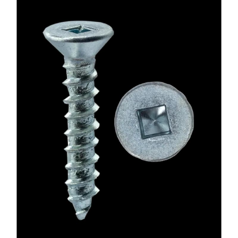 Wood screw with a flat head and square drive. Made of steel with a zinc plated finish. Size is 8 x 3/4" with a 3/4" length, rolled thread, #2 driver size, 0.10" head height, and 0.30" head diameter.