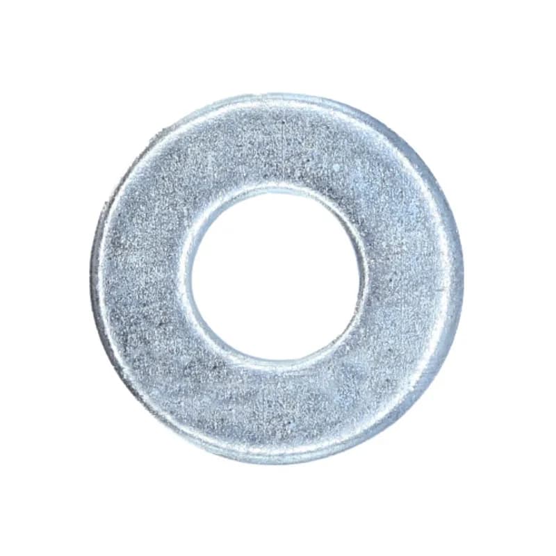 Flat cut washer made of steel with a zinc plated finish. It is sized for 1/4" bolts and has an outside diameter of 0.640" and an inside diameter of 0.296". The washer thickness is 0.080". It is used to improve stress distribution and span large clearance holes in bolt or screw assemblies.