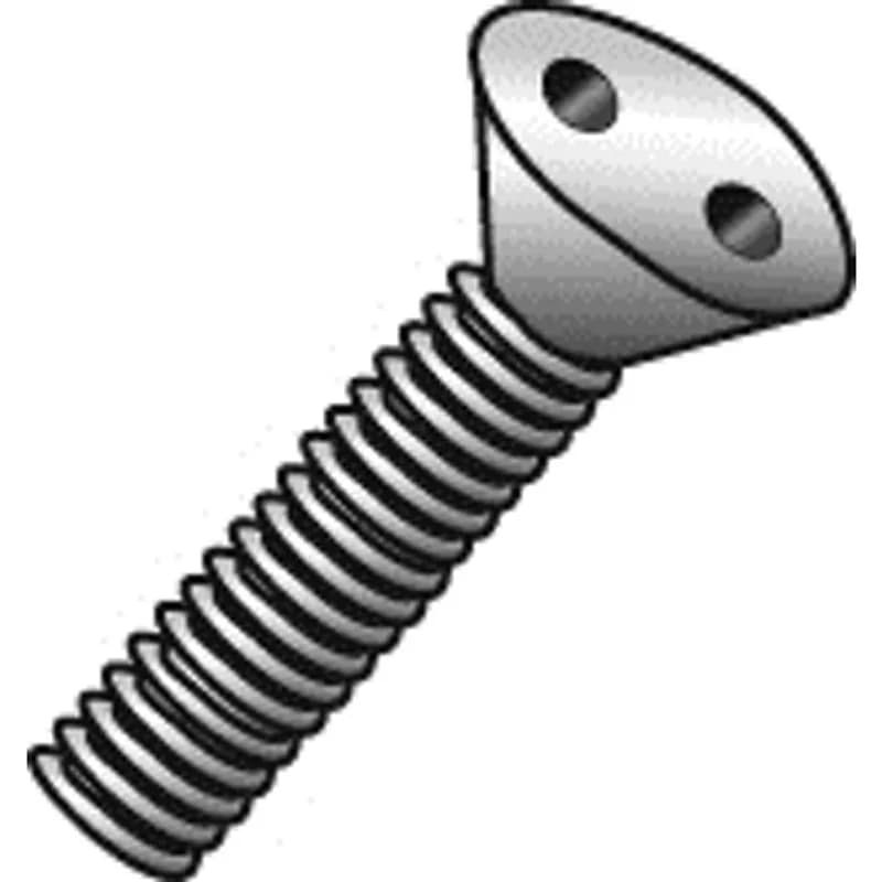 A machine screw with a flat head and spanner drive, designed for use with a pre-tapped hole or with a nut. It is made of stainless steel with a stainless finish. The screw size is 1/4-20 and the length is 3/4 inch.