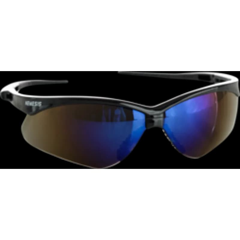 Nemesis safety glasses with a black frame and blue mirror lens. They use polycarbonate lenses and provide 99.9% UVA/UVB/UVC protection. The glasses have a sporty, flexible, lightweight design with soft touch temples and single-lens wraparound protection with an 8-base curve. They meet ANSI Z87.1+ standards and feature Patented FLEX-DRY design to help channel sweat away and reduce slippage.