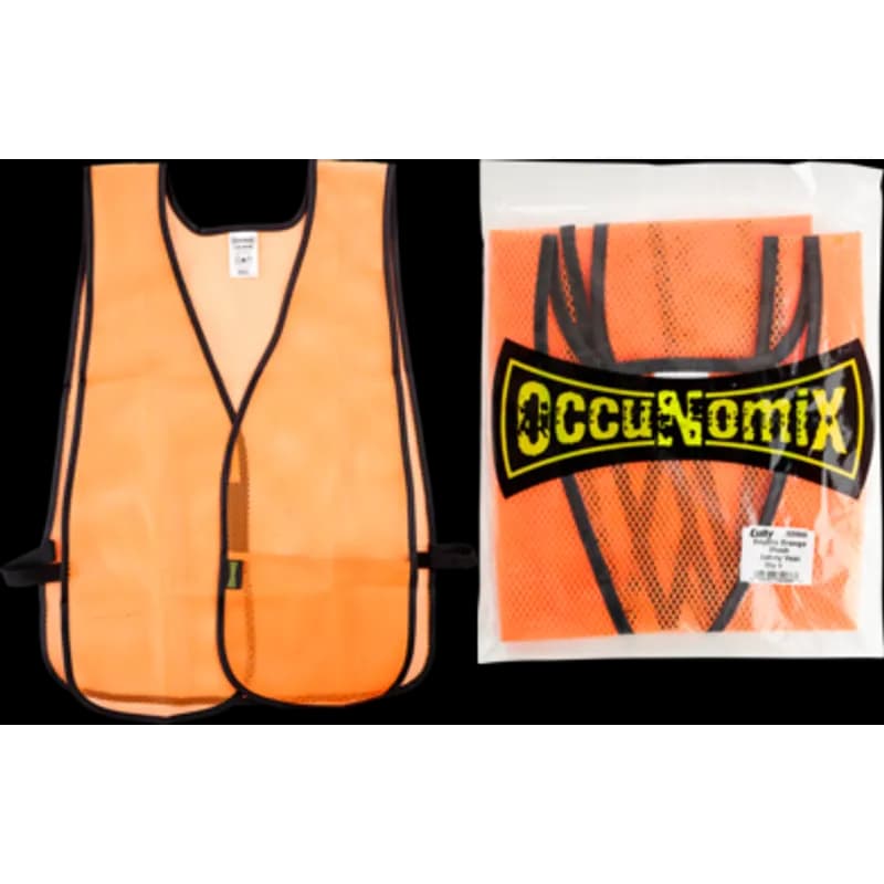 Minerallac Company 32066 - A DayGlow Orange mesh safety vest with hook-and-loop front closure and elastic side straps. It is made of lightweight polyester mesh with black cotton binding and two vertical 1" yellow reflective glossy tape strips on the front and back. The vest is one size fits most and includes an inside lower left pocket.