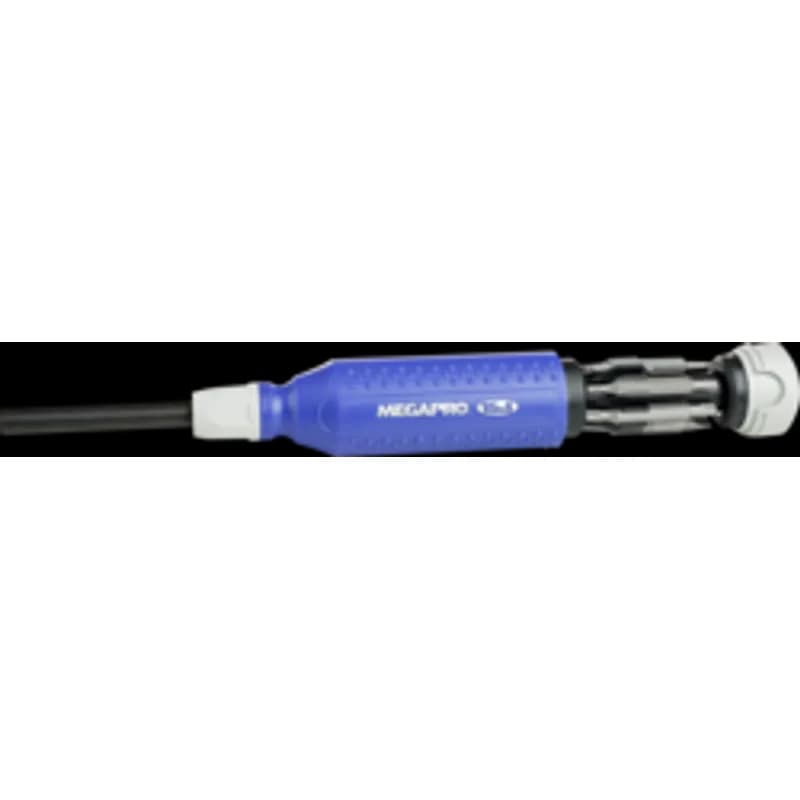 Minerallac Company 37200 - 15-in-1 multi-bit screwdriver with a blue plastic handle and round shank. It has an overall length of 8-5/8", a 6" handle length, and a 1-1/2" handle diameter. The screwdriver includes a retractable bit cartridge, Palm-Saver Cap, Triax handle, EZ Guide Collar, and S2 steel bits.