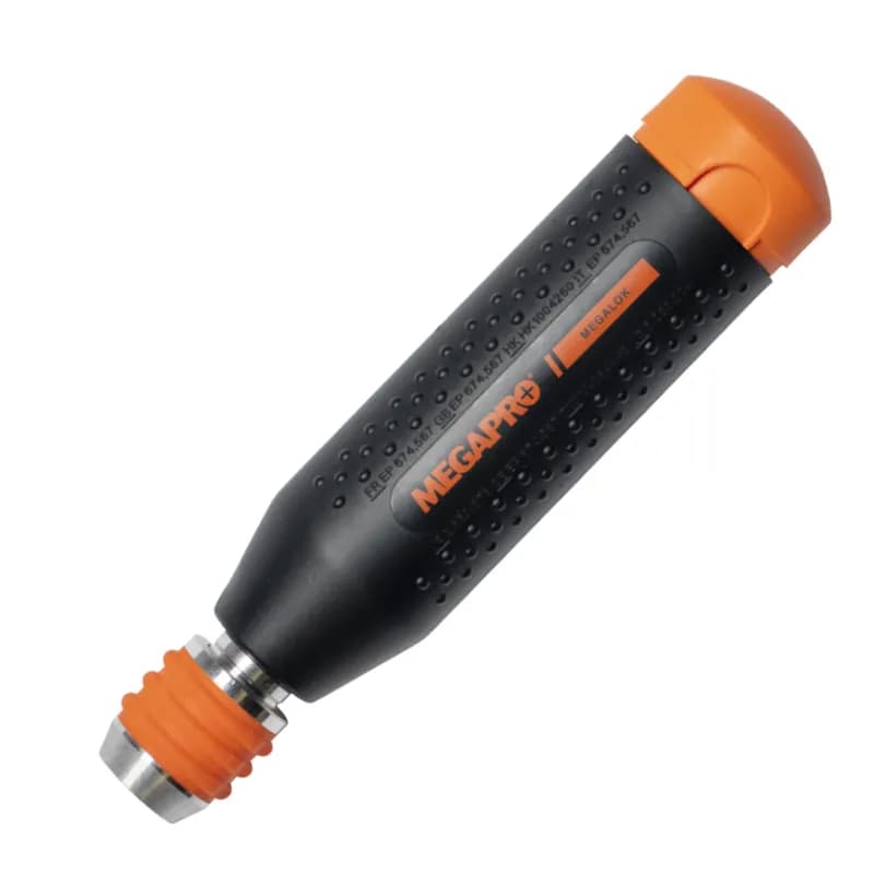 Minerallac Company 37150 - This is a multi-tip screwdriver with a 14-in-1 quick-change design. It has a plastic handle in black and orange, with an overall length of 6-3/8 inches, a 5-inch handle length, and a 1-1/2-inch handle diameter. The tool includes Phillips, slotted, square, and star tip sizes and uses a canister storage handle.