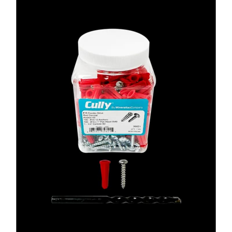 A light-duty plastic anchor kit for use in drywall, concrete, hollow block, or brick. The anchor is engineered plastic with a red conical design and is supplied with #10 x 1" fasteners and a 1/4" carbide drill bit. The kit includes 100 anchors, 100 fasteners, and 1 drill bit.
