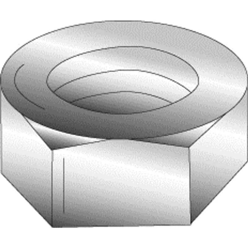 A six-sided internally threaded hexagonal nut designed for use with machine screws. It is made of steel with a zinc plated finish. The nut is size #6 with 32 TPI coarse right-hand threads and measures 0.108 in high by 0.312 in wide.