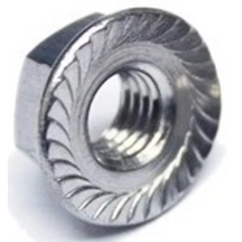 This is a serrated hex flange lock nut with a 5/16 in size and 18 TPI coarse, right-handed threads. It is made of steel with a zinc plated finish and has a silver color. The flange design provides a larger bearing surface and is intended to resist loosening and span oversized or poorly aligned holes.