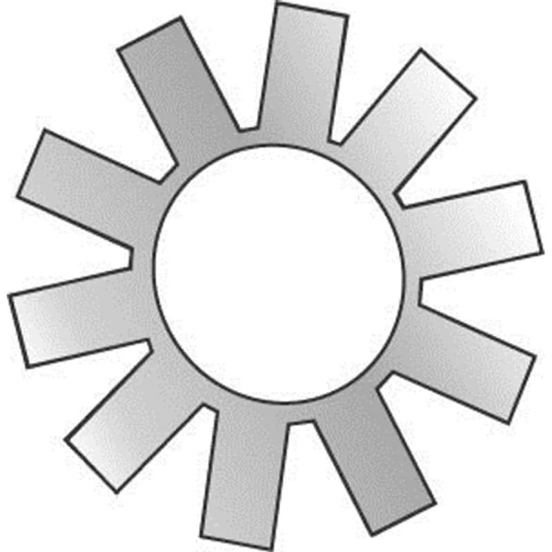 A hardened circular washer with twisted prongs or teeth extending from the outer edge. It is made of steel with a zinc plated finish. The fastener size is #10.