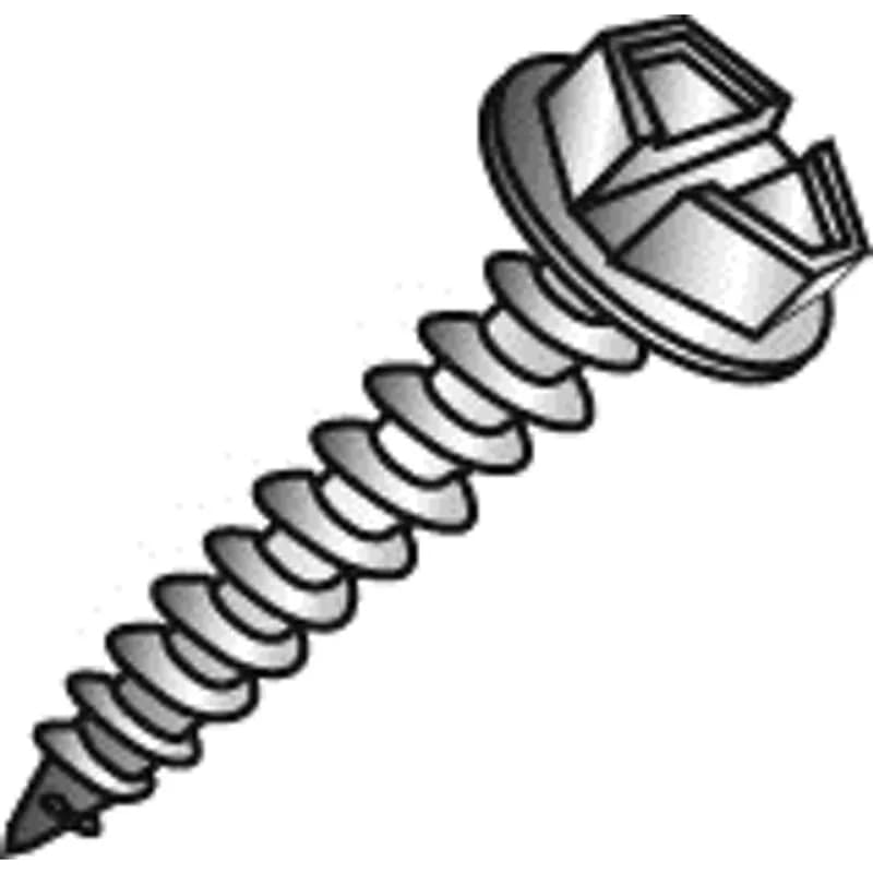 A sheet metal screw with a hex washer head and slotted drive. It is made of steel with a zinc plated finish. The screw size is 8 x 5/8 in, with a length of 0.625 in and Type-A threads at 15 TPI.