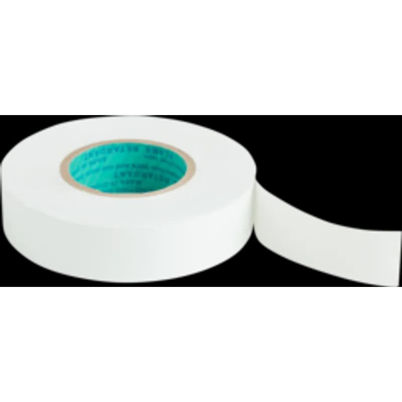 This is a PVC electrical tape in white, supplied as a 3/4 inch by 60 foot roll. It is intended for color coding, phase identification, insulating electrical wiring, and protecting conductors, motor leads, and piping. The tape remains flexible in extreme temperatures and provides moisture-tight electrical and mechanical protection.