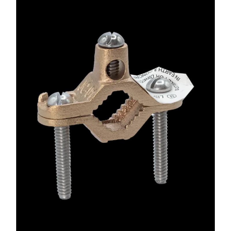 This is a ground clamp for direct burial use. It is made of bronze conductor material and is intended to accommodate bare cable. The size is 1/2"–1" and it is for bare wire #2, 4, 6, 8 and 10 AWG copper.