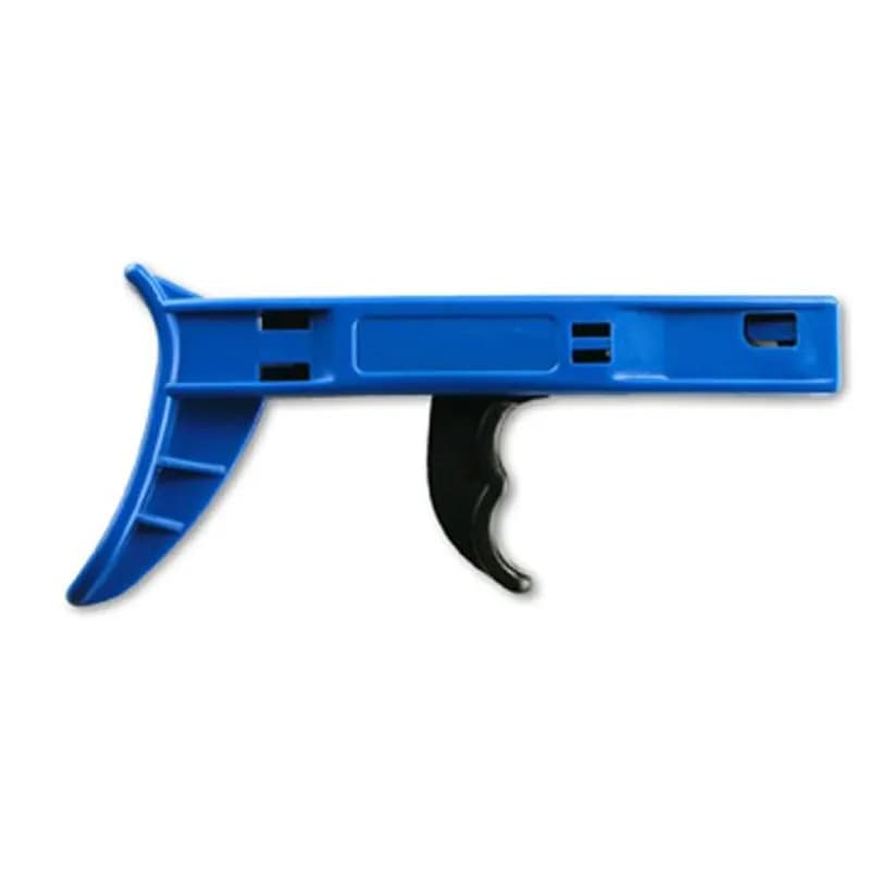 This is a cable tie gun used to quickly tension and cut off excess zip tie straps. It is intended for 18 to 40 lb nylon cable ties. The tool is made of steel and plastic.