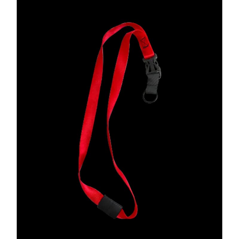A lanyard with custom logo printing available. It is made of nylon and is red in color. The lanyard is 3/4 in. wide and includes a badge holder.