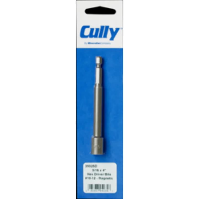 Minerallac Company 39025D - Hex Tek driver bit made of steel with a magnetic tip. It has a 5/16" drive size, a 1" shank size, and a 4" length. The sheet identifies it as a 5/16" hex driver bit for #10-12 screw applications.