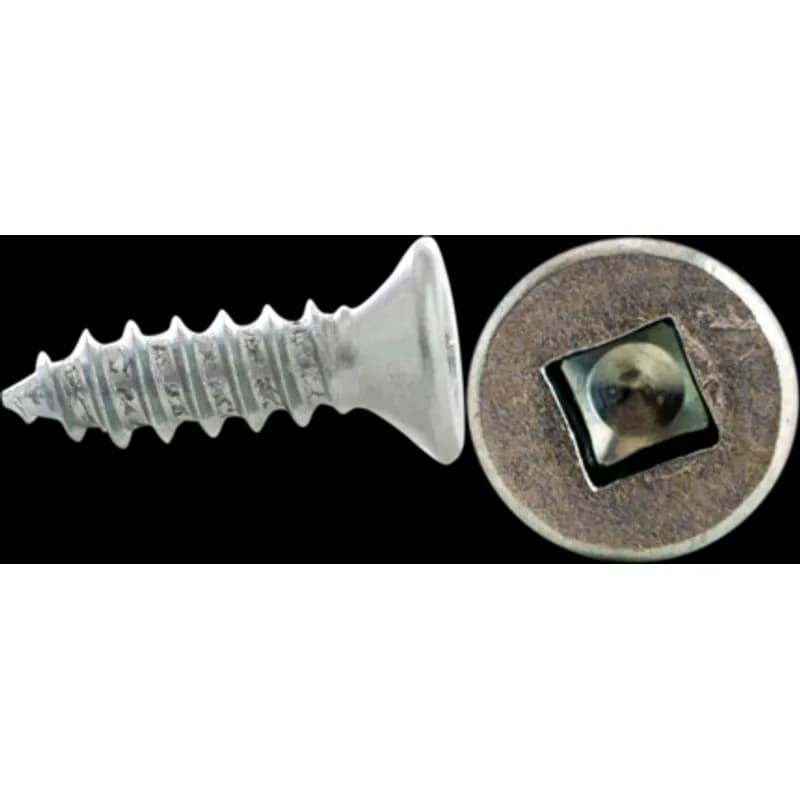 A 10 x 2 inch self-tapping sheet metal screw with a flat head and square drive. It is made of steel with a zinc plated finish. The screw has a rolled thread, thread size 13, a #2 driver size, and a silver head color.